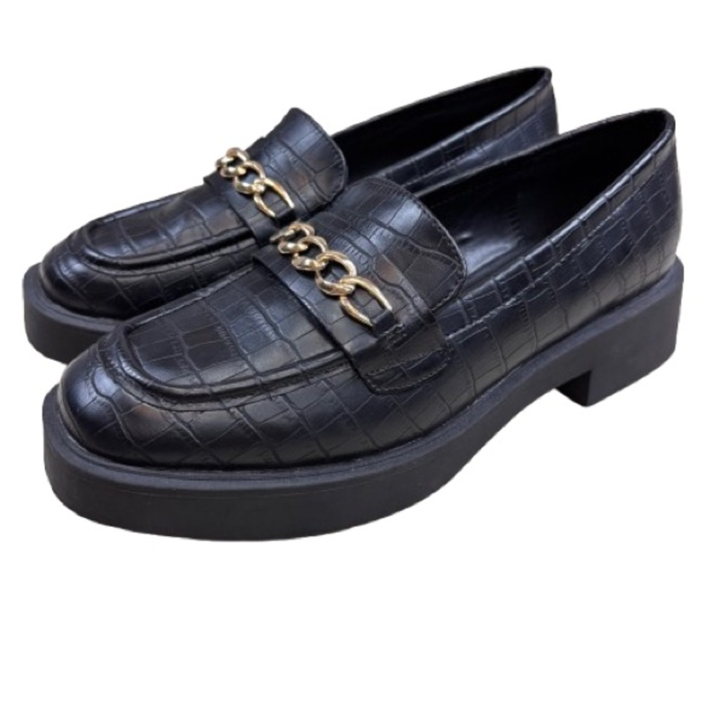 Reaction Kenneth Cole Sienna Platform Loafers Black Croc Chain Size 8